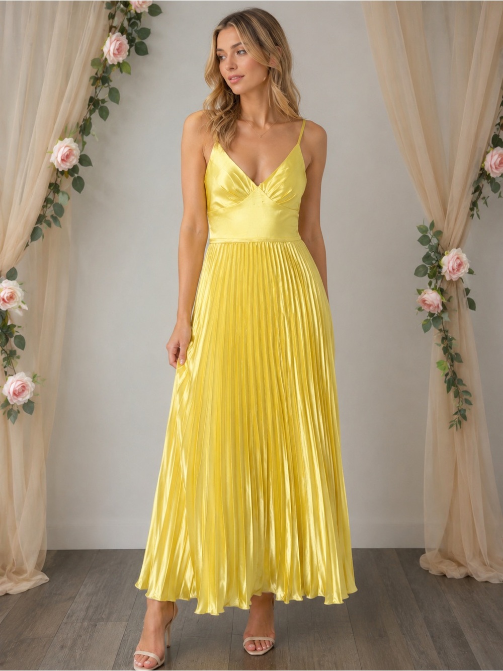 NWT Yellow Satin Pleated Corset Back Maxi Dress Size 8 Formal Prom